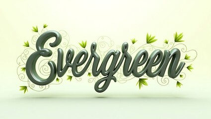 Creative expression of the word evergreen with green leaves and decorative swirls
