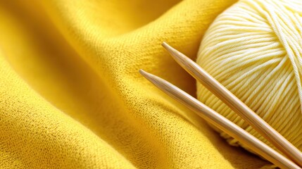 Close-up of yellow yarn and wooden knitting needles on soft fabric, ideal for crafting projects