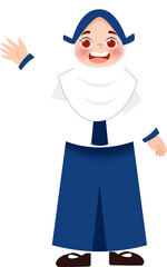 Cartoon Girl in Traditional Dress, Smiling and Waving.