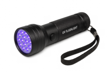 Uv flashlight emitting ultraviolet light on transparent background