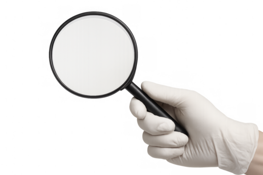 Hand with white glove holding magnifying glass on transparent background