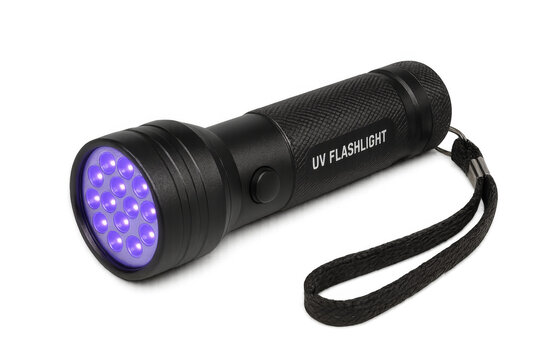 Uv flashlight emitting ultraviolet light on transparent background