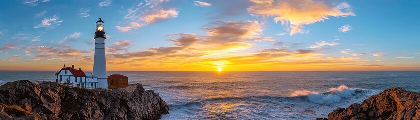 Obraz premium Majestic Lighthouse Illuminating Rocky Cliff Beach