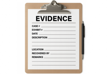 Evidence document form on clipboard with pen on transparent background
