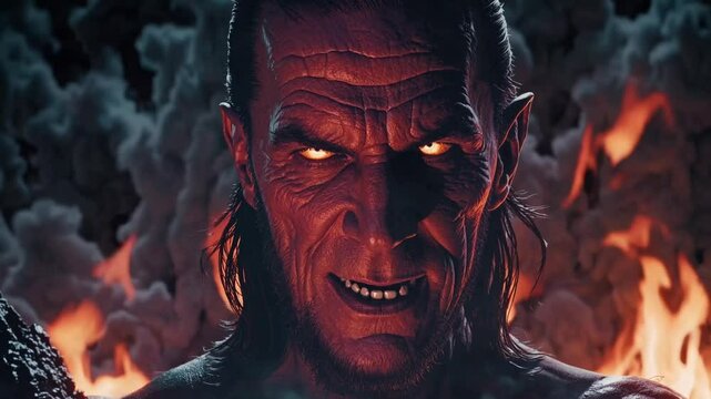 Fiery demon surrounded by flames with sinister expression, symbol of infernal power, wrath, evil presence, dark sorcery, hellfire mythology and fantasy horror villain archetype