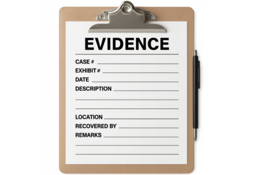Evidence document form on clipboard with pen on transparent background