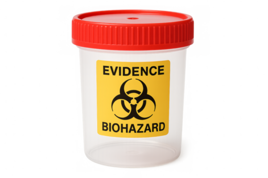 Biohazard evidence container with red lid on transparent background