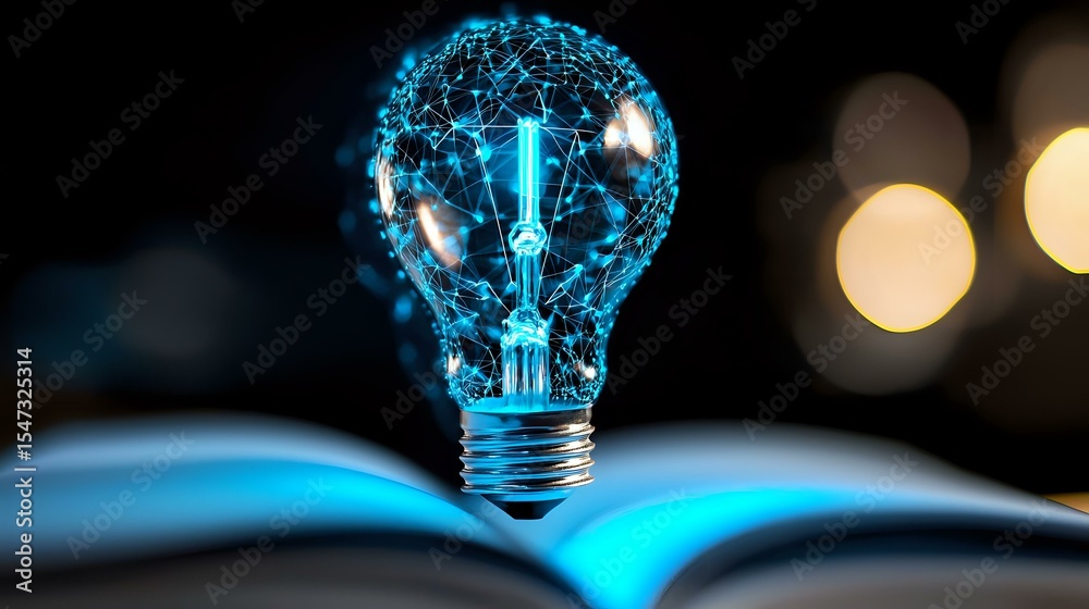 Poster glowing blue light bulb with network connections floating above open book pages against dark backgro