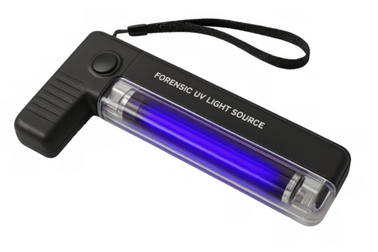 Forensic uv light source emitting bright blue light on transparent background