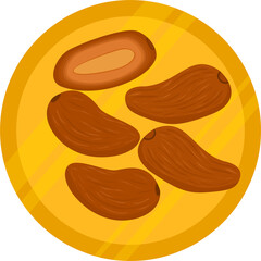 Stylized dates on golden plate, one cut, showing texture and seed, healthy fruit illustration.