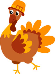 Cartoon Turkey in Pilgrim Hat, Festive Autumn Bird.