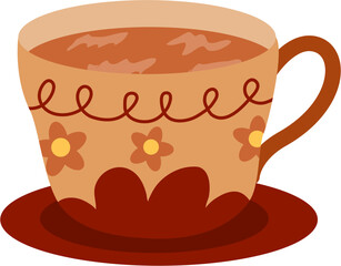 Stylized teacup with floral and scroll details, warm beverage, brown hues.