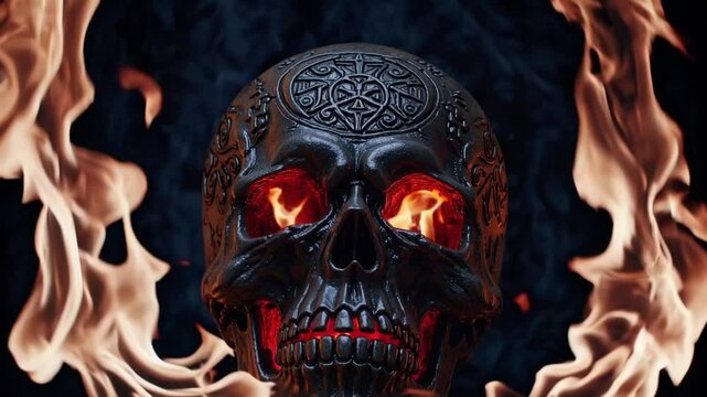 Sinister flaming skull with intricate engravings and burning red eyes surrounded by rising fire, representing darkness, rage, underworld power and gothic macabre symbolism
