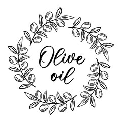 This vector illustration showcases a round frame made of olive branches, ideal for an olive oil label. Its elegant design exudes natural beauty and freshness, perfect for gourmet branding and eco