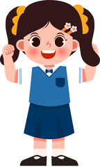 Cheerful schoolgirl with pigtails, blue uniform, and flower hair clip raises her arms.