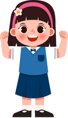 Cheerful Schoolgirl with Raised Fists, Pink Headband, and Cartoon Style.