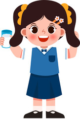 Happy schoolgirl with pigtails, blue uniform, and a glass of milk.