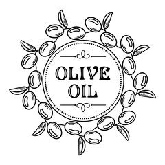 illustration features a round frame composed of olives, perfect for an olive oil label. The design embodies elegance and richness, enhancing any gourmet product with a touch of natural sophistication.