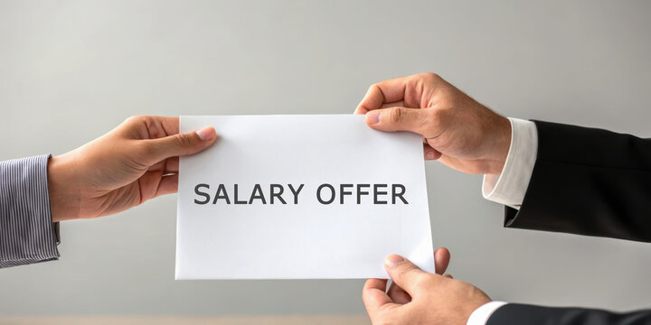 A document labeled "SALARY OFFER" is being exchanged between two hands, representing a job offer situation.