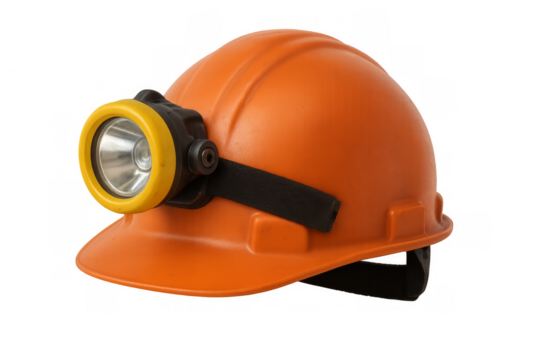 Orange mining helmet with headlamp lighting up the darkness on transparent background