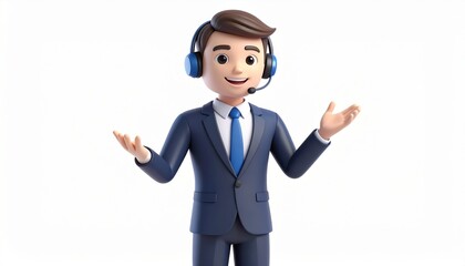 Obraz premium Friendly 3D Cartoon Businessman Wearing Headset Offering Help Welcoming Customers