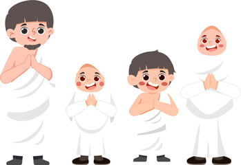 Pilgrims in White Robes, Family Group Greeting with Hands, Cartoon Style.