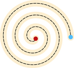Beige Spiral Path: Red Start, Blue End, Dashed Guide.