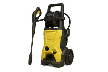 Yellow and black pressure washer with hose and spray gun on transparent background