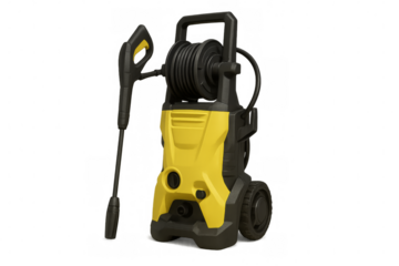 Yellow and black pressure washer with hose and spray gun on transparent background