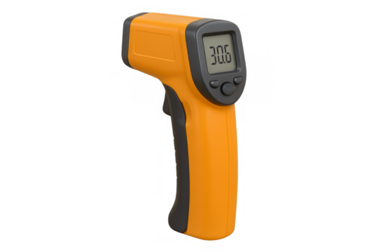 Digital infrared thermometer showing temperature reading on transparent background