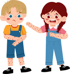 Children with rash, contagious skin disease, upset, health issue, vector illustration.