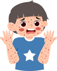 Boy with Rash: Uncomfortable, Itchy Skin Condition, Red Spots, Cartoon Style.