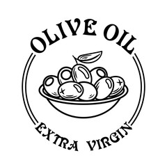 vector illustration depicts an olive oil label featuring a bowl of olives. The design emphasizes freshness and natural ingredients, reflecting the quality and heritage of Mediterranean culinary