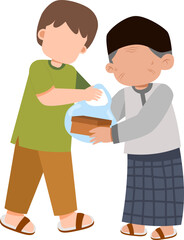 Boy Giving Food Gift to Elderly Man in Traditional Attire.