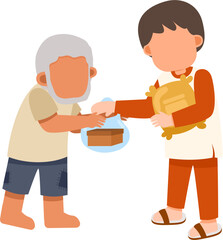 Giving Alms: Boy Offering Food to an Elderly Man, Charity Illustration.