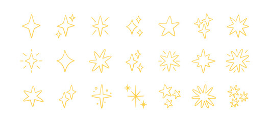 Doodle glitter twinkle star icons set. Yellow hand drawn shine star burst symbol. Sketch magic blink collection. Doodle spark line icons. Vector illustration on white background.
