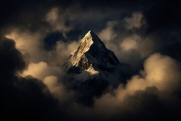 Dramatic Snow-Capped Mountain Peak Emerging Through Golden Clouds at Sunset