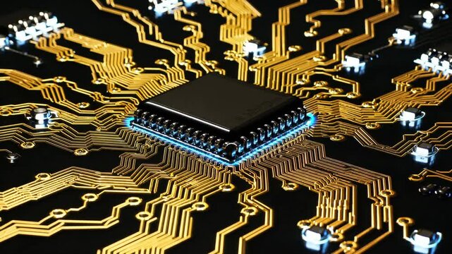 Advanced central microchip on golden circuit board radiating connections, representing powerful processor technology, electronics innovation, digital systems, computing infrastructure