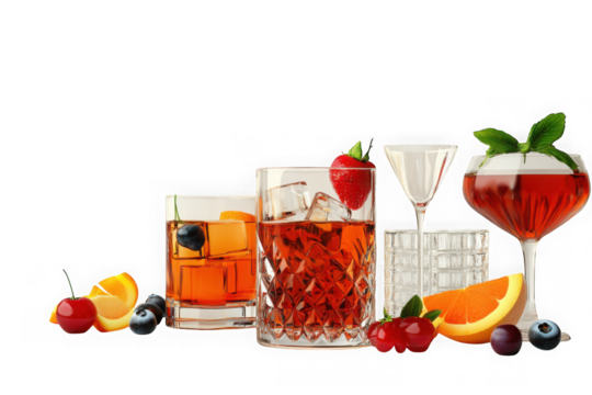 Delicious cocktails drinks with strawberry, orange, cherry, blueberry and mint leaves on ice cubes png image for bar and restaurant menu isolated on transparent background
