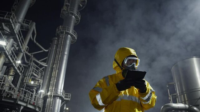 Worker in full hazmat suit operating tablet inside chemical processing facility with smoke and metal structures, concept of industrial safety, toxic environment, hazardous materials handling