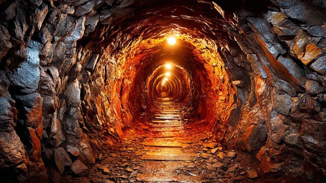 Illuminated tunnel with rocky walls and warm glowing lights creating depth and perspective