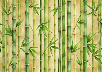 Green bamboo stalks pattern with vertical repeating bamboo slats illustration, natural texture background with gentle organic design in various shades of green and beige