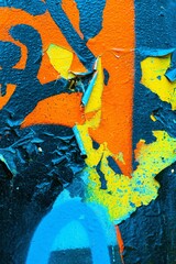 Colorful abstract texture with peeling paint in orange, blue, yellow. 80s, acid style, distressed...