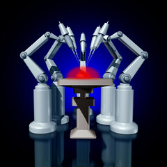 Robot Surgery Concept and robotics in healthcare as medical technology using AI as artificial intelligence in medicine as robots performing a surgical procedure as a futuristic symbol.