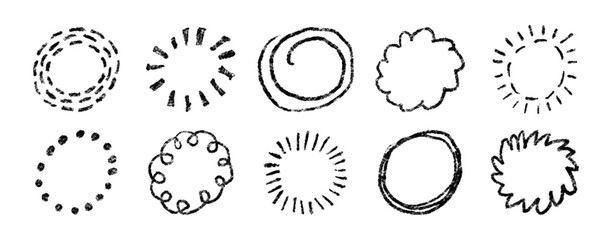 Doodle crayon circle. Hand drawn firework. Sketch brush star. Crayon texture circles. Doodle lines and dots. Hand drawn sparkle. Vector illustration on white background.