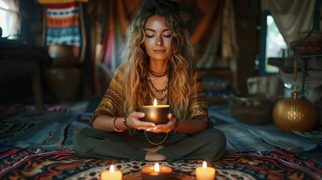 Woman with long curly hair sitting on a colorful rug, holding a candle.