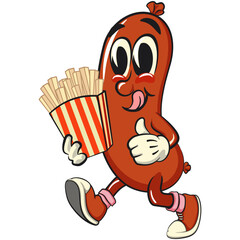 Cheerful sausage cartoon mascot brought a box of french fries, fun meat snack character illustration, isolated high-quality vector perfect for branding and design use, work of hand drawn