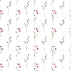 Seamless floral pattern minimalist repeating background with watercolor flower and leaf bouquets. Fabric wallpaper print texture. Perfectly for backdrop, wrapped paper, linen.