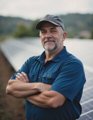 Solar panel technician confidently posing in a renewable energy field