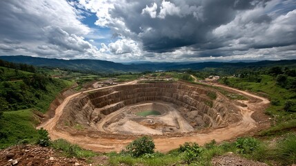 Open-pit gold mine with terraced benches under a cloudy sky in a lush green landscape